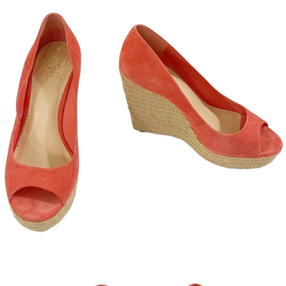 Vince Camuto coral suede Totsi espadrille peep toe platform wedges size 6 1/2